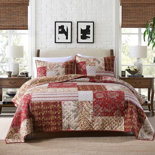 Yvooxny Quilt Set Queen Bedspread Country Farmhouse Cottage Vintage Ditsy Floral Paisley Style Reversible Lightweight Coverlet Set Real Patchwork Quilt for All Seasons, Antique Rose, Queen Size