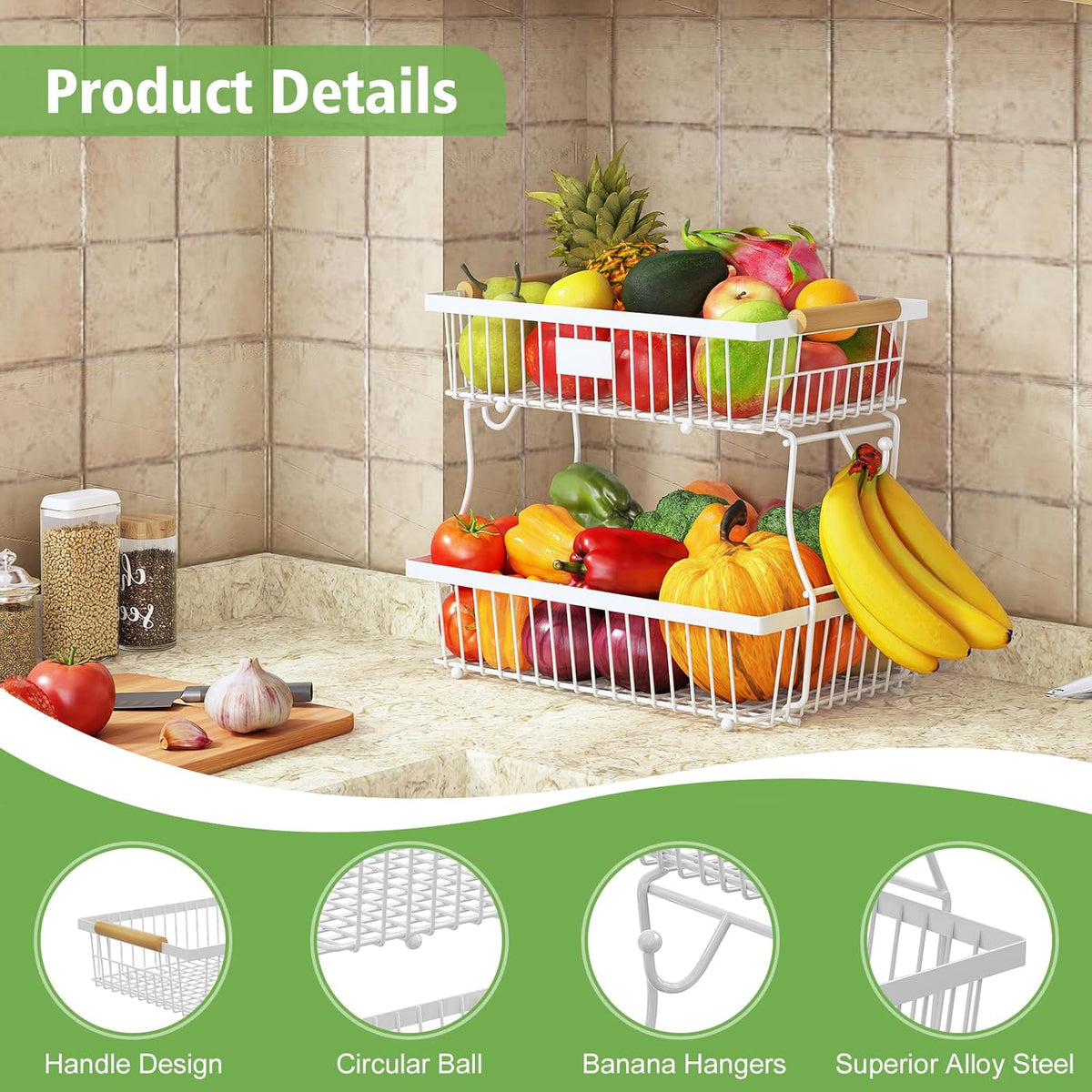 2 Tier Fruit Basket for Kitchen Counter with 2 Banana Hangers, Countertop Metal Fruit Bowl with Wooden Handle, Large Storage Stand for Vegetables, Snacks, Breads, Produce Storage – White
