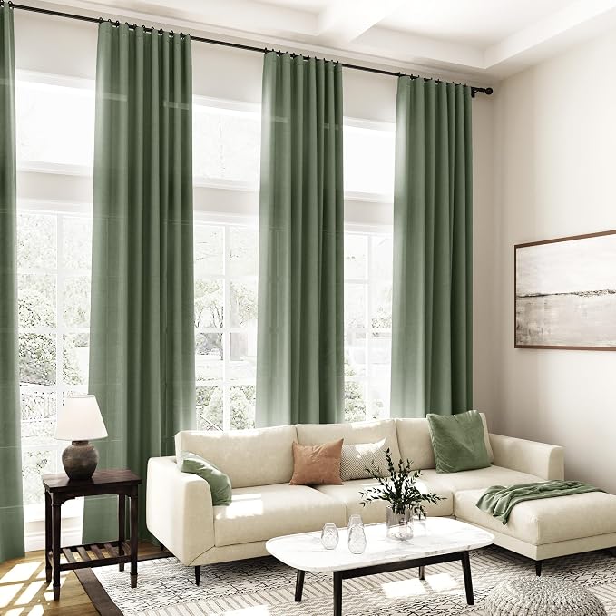 Olive Green Linen Curtains for Living Room 2 Panels Set 95 Inch Length Back Tab - Image 7