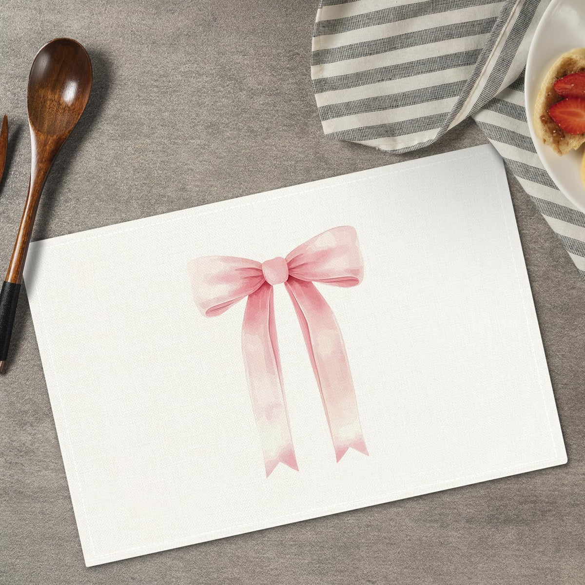 Pink Bow Placemats Set of 4, Table Mat for Home Kitchen, Restaurants, Outdoor Linen Washable Place Mats 12x18 inch Party Event Dining Decoration-05