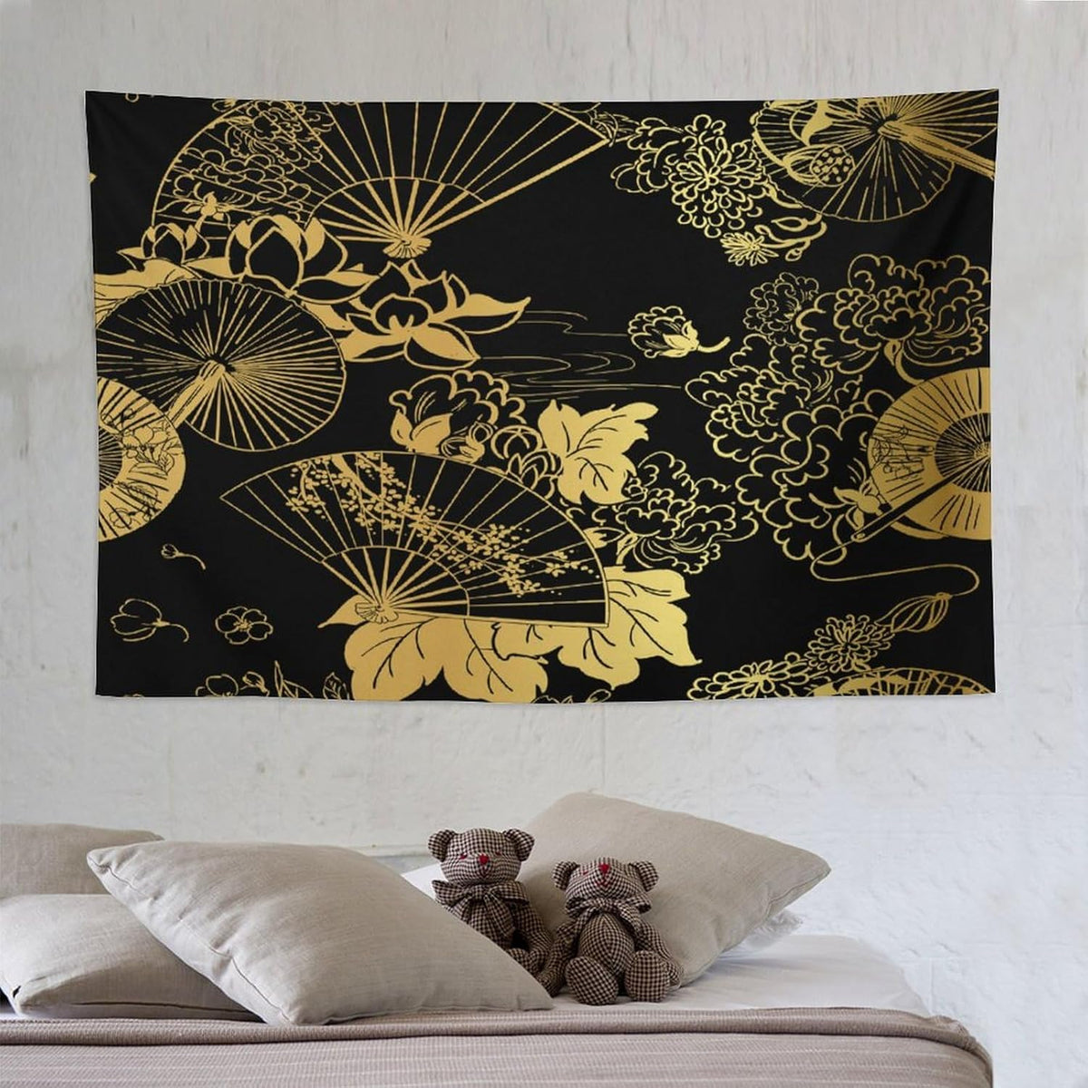 HZOHNAGO Japanese Tapestry Gold Flowers Umbrella Fan Pattern Printed Wall Tapestry Painting Wall Hanging for Bedroom Living Room Dorm 90" W x 60" H