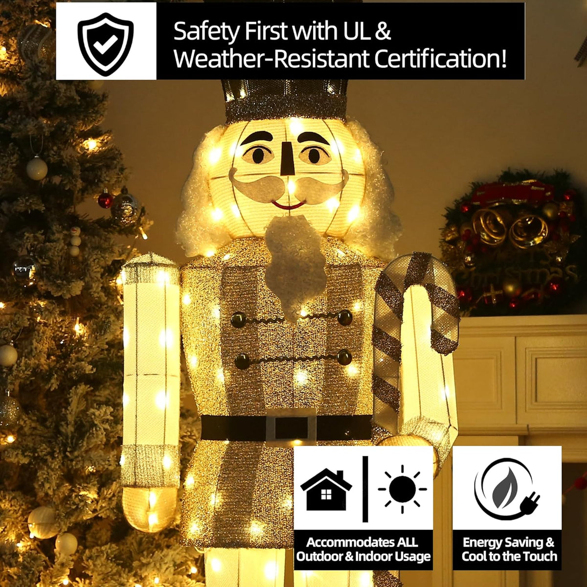 61Inch Nutcracker Christmas Decor Outdoor with LEDs 5 Feet Lighted Large Nutcracker Lighted Christmas Decorations Outdoor with Stakes & Zip Ties for Xmas Yard, Porch, Lawn