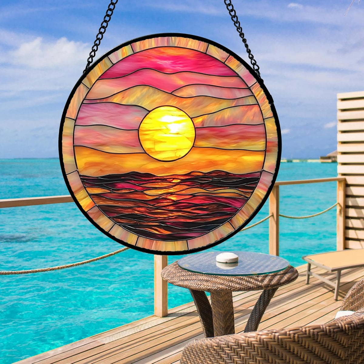 Stained Glass Window Hanging, Sunrise Sea Surface Sun Catchers Diamond Glass Panel Hangings Abstract Suncatcher Decor for Birthday for Women, Men, Wife, Aunt, and Mom 14.9 in