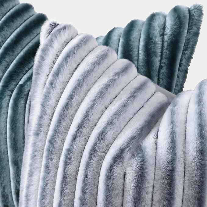 decorUhome Fall Faux Fur Throw Pillow Covers 24x24 Set of 2 Blue Grey | - Image 2