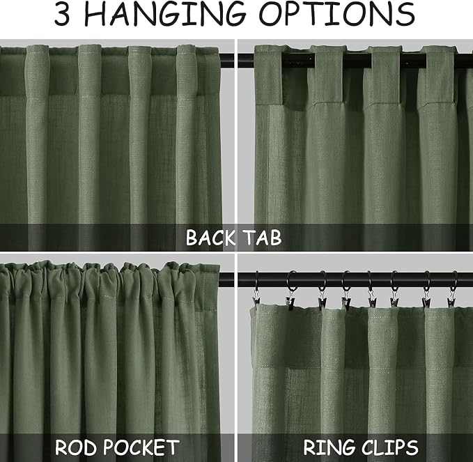 Olive Green Linen Curtains 30 Inch Length Short Kitchen, Semi Sheer Light - Image 2