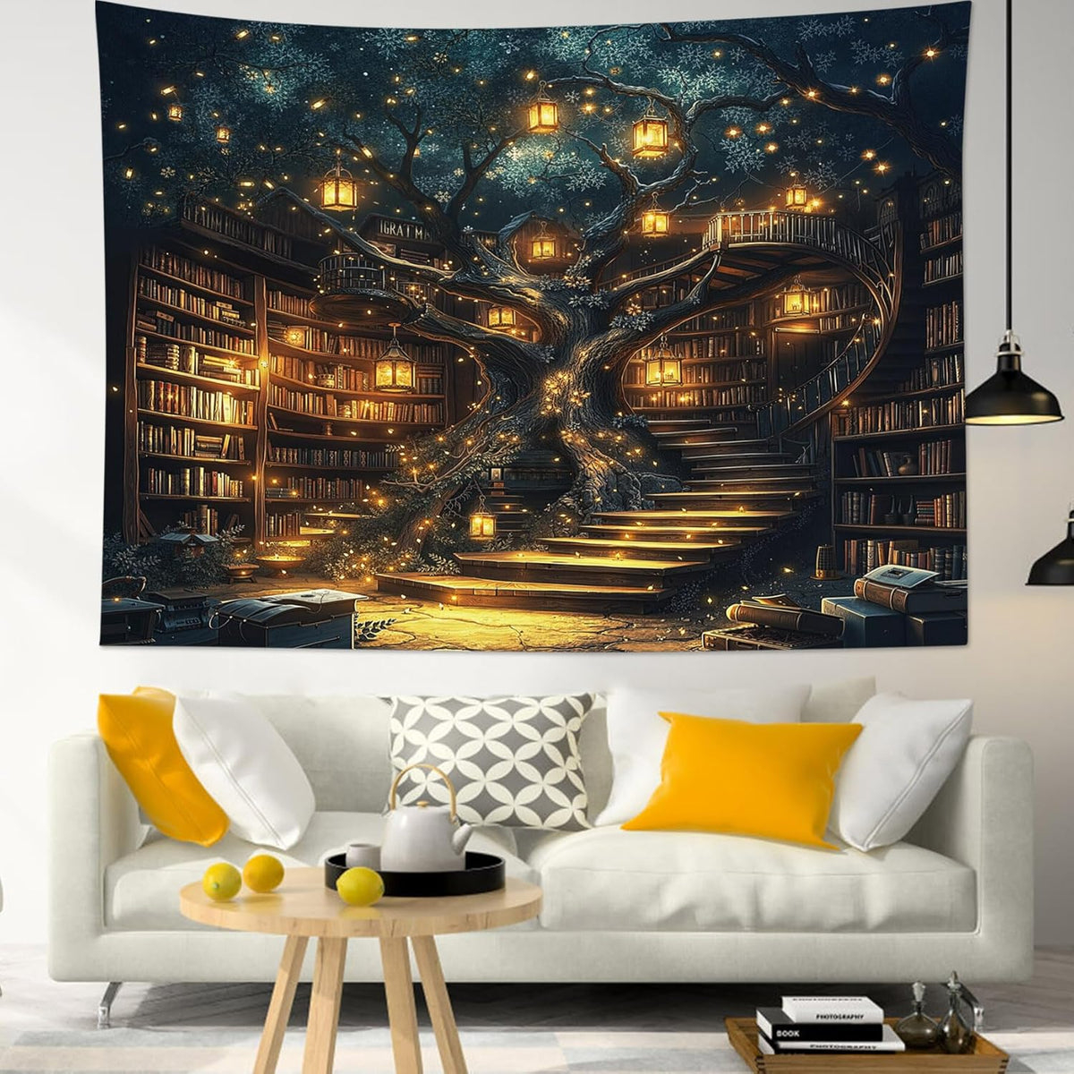 HVEST Fantasy Library Bookshelf Wall Tapestry Fairytale Tree Magic Bookshelf Tapestry Wall Hanging Retro Vintage Tapestries for Classroom Study Room Bedroom Living Room Dorm, 70.9L x 92.5W Inches