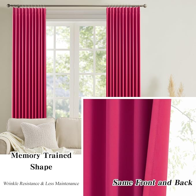 Pinch Pleated Hot Pink Blackout Curtains 72 Inches Long, Sound & Light Reducing - Image 6