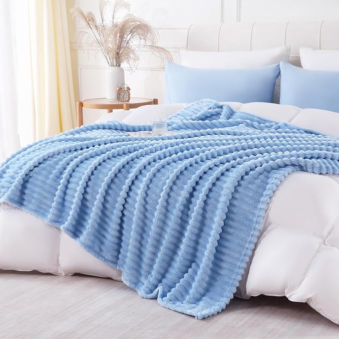 Light Blue Throw Blanket for Couch Sofa 60x80 inches Striped Design | Fleece - Image 3