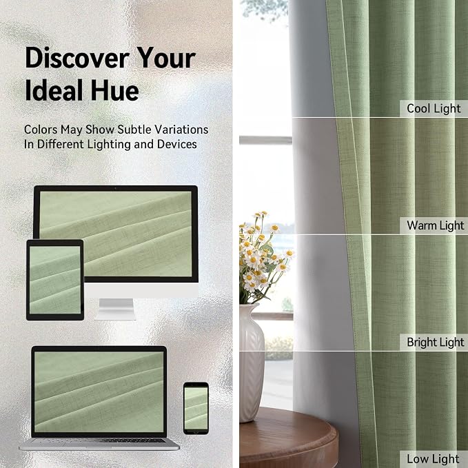 100% Blackout Linen Textured Curtains 84 Inch Long, Sage Green | 100% Blackout - Image 7