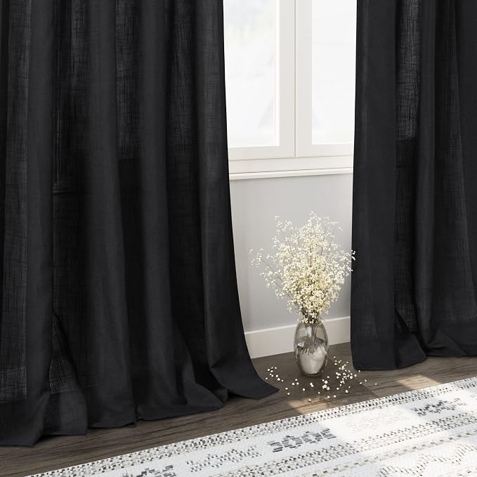 Black Linen Blend Semi Sheer Curtains 86 Inches Long 2 Panel Set Pocket Back - Image 6