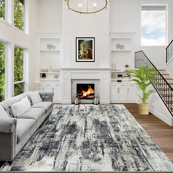 5x7 Area Rugs for Living Room: Washable Abstract Black Grey Gold Carpet | by GENTDRIZZ
