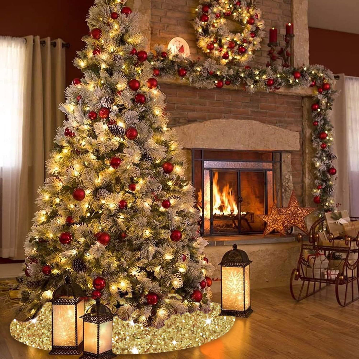 Gold Tree Skirt 46 Inch Shiny Sequin Christmas Tree Skirt Christmas Decorations for Feast Tree Velour Glittery Xmas Tree Skirts Round Metallic Christmas Tree Mat Skirt Vintage Sequins Tree Blanket.