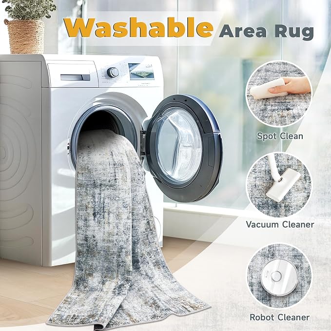 9x12 Area Rugs Washable Rug: Abstract Neutral Rugs Modern Non Slip Area Rug - Image 4