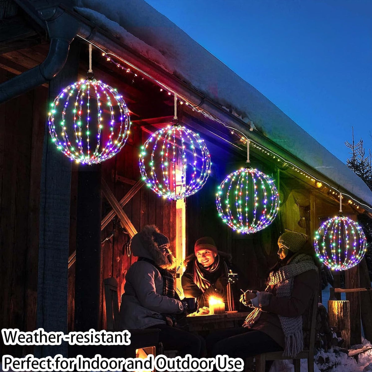 Outdoor Hanging Lighted Sphere, Christmas Decoration Light Balls, 2 in 1 Warm White and Multicolor Chandelier, 208 LED 16" Large Iron Frame Foldable Globe for Patio Tree Gazebo Decor-2Pack