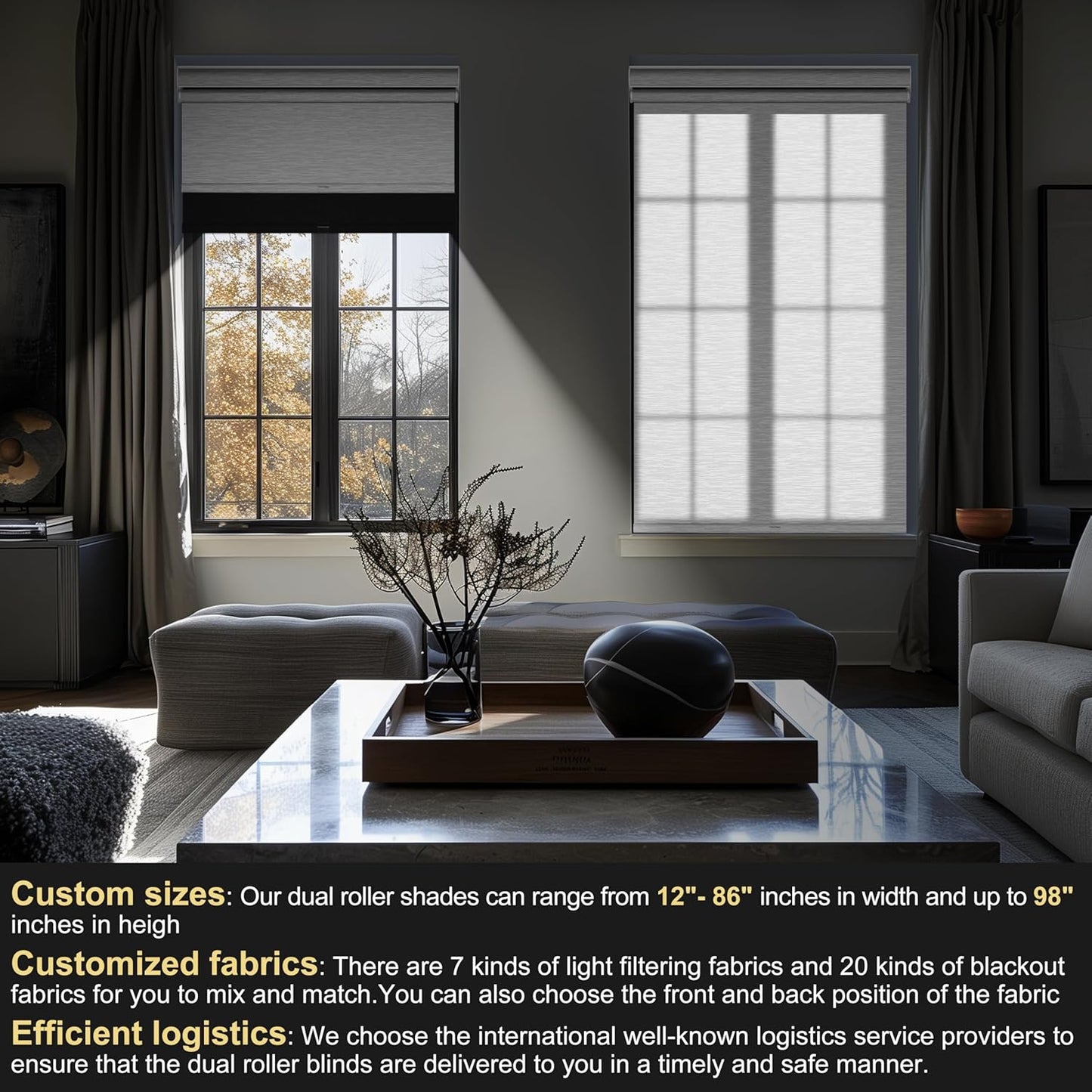 BERISSA Cordless Dual Roller Shades with Cassette Valance, Blackout and Light Filtering Shades for Home Office Door. Linen Black and White. 76 W x 36" H