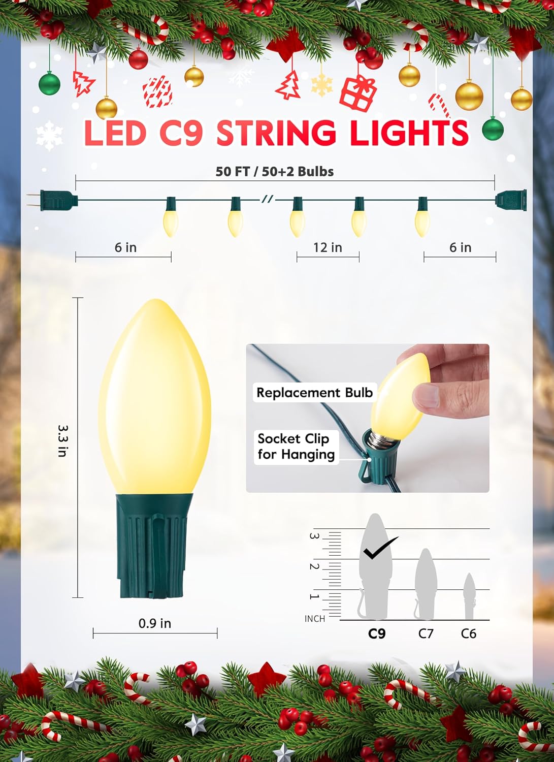 Vintage C9 LED Christmas Lights Outdoor, 50 Feet C9 String with 50 Shatterproof Matte Bulbs, Connectable Waterproof Tree Lights for Holiday Roofline, Backyard Garden Decor, Warm White