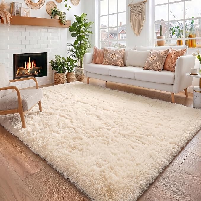 Amdrebio Beige Boho Fluffy Shag Neutral Area Rug 5x7 by Amdrebio