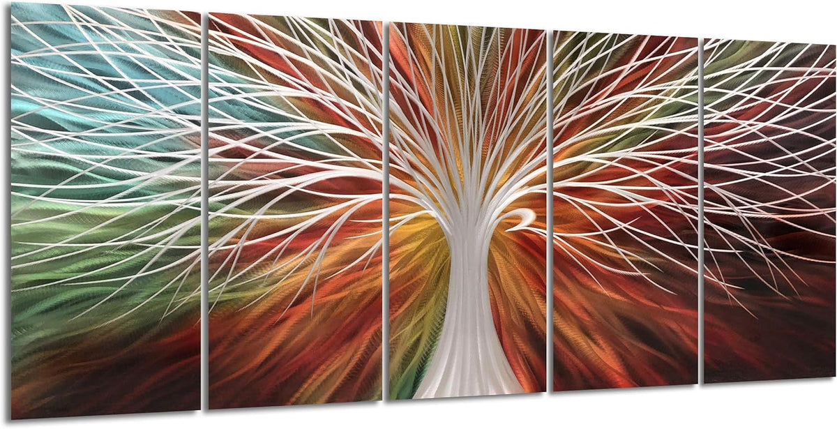 Yihui Arts Abstract Metal Wall Art - Tree Of Life Hand Crafted 5 Pieces Panels Large Big Unique 3D Aluminum Modern Contemporary Home Accent