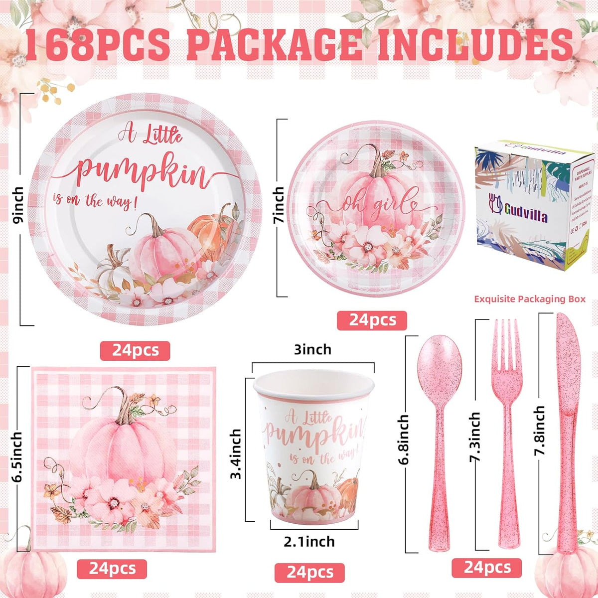 168 Pcs Pink Little Pumpkin Baby Shower Decorations Girl, A Little Pumpkin is on the Way Baby Shower Plates and Napkins Serves 24, Pink Gingham Fall Tableware for Autumn Sweet Girl