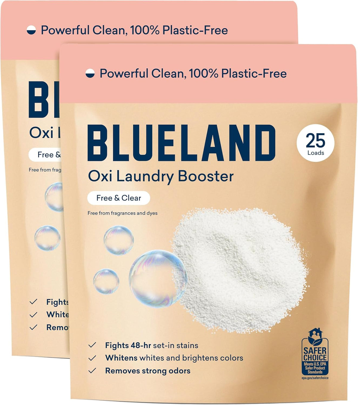 BLUELAND Oxi Laundry Booster Powder Refill 2-Pack, Fragrance Free & Clear, 50 Loads, 35.2 oz, Plastic-Free, Eco Friendly, Oxy Cleaner, Stain Remover