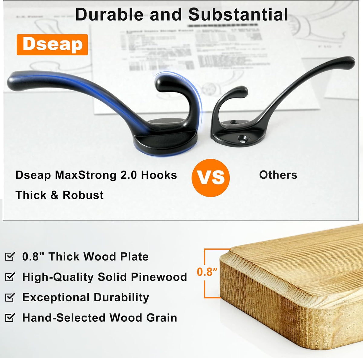 Dseap Coat Rack Wall: 38-1/4" Long, Patented, Heavy-Duty, 10-Double-Hooks Wooden Wall Mounted Coat Rack Coat Hanger Hook Rail for Winter Coats Hat Jacket Clothing, Weathered Brown