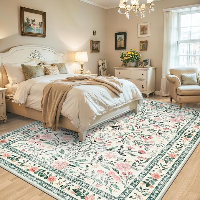 PLHXFR 6x9 Area Rug Living Room: Floral Washable Boho Carpet Green Beige | - Image 3