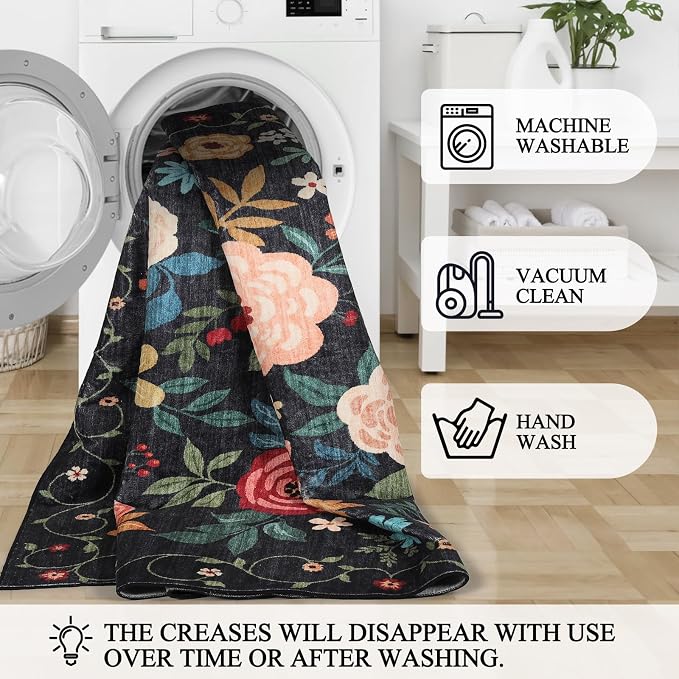DUKINO 2x4 Entryway Rug, Floral Washable Kitchen Rugs Non Slip, Soft Indoor - Image 8