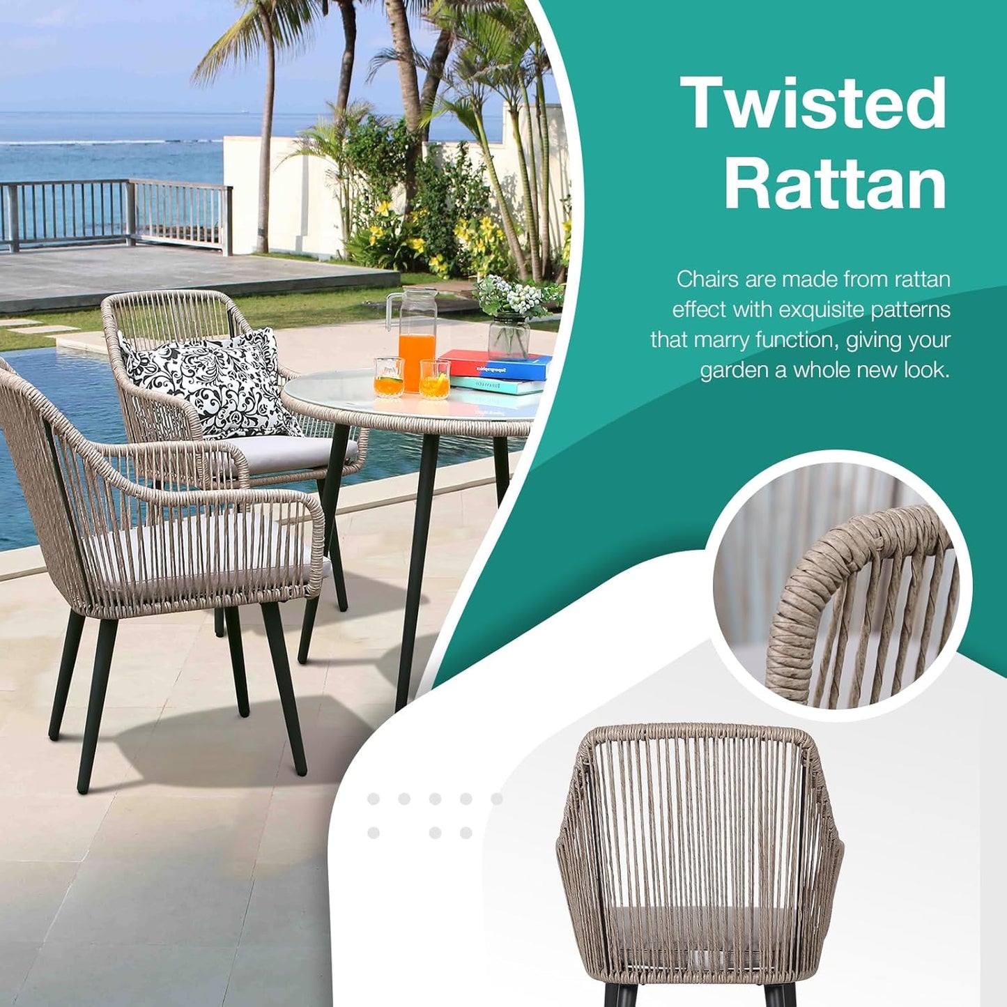 Patiorama Outdoor Dining Chairs, Patio Dining Chair Set of 6, All-Weather Woven Rope Rattan Chairs, Outdoor Dining Wicker Chairs with Armrests for Indoor Balcony Pool Backyard(Tan)