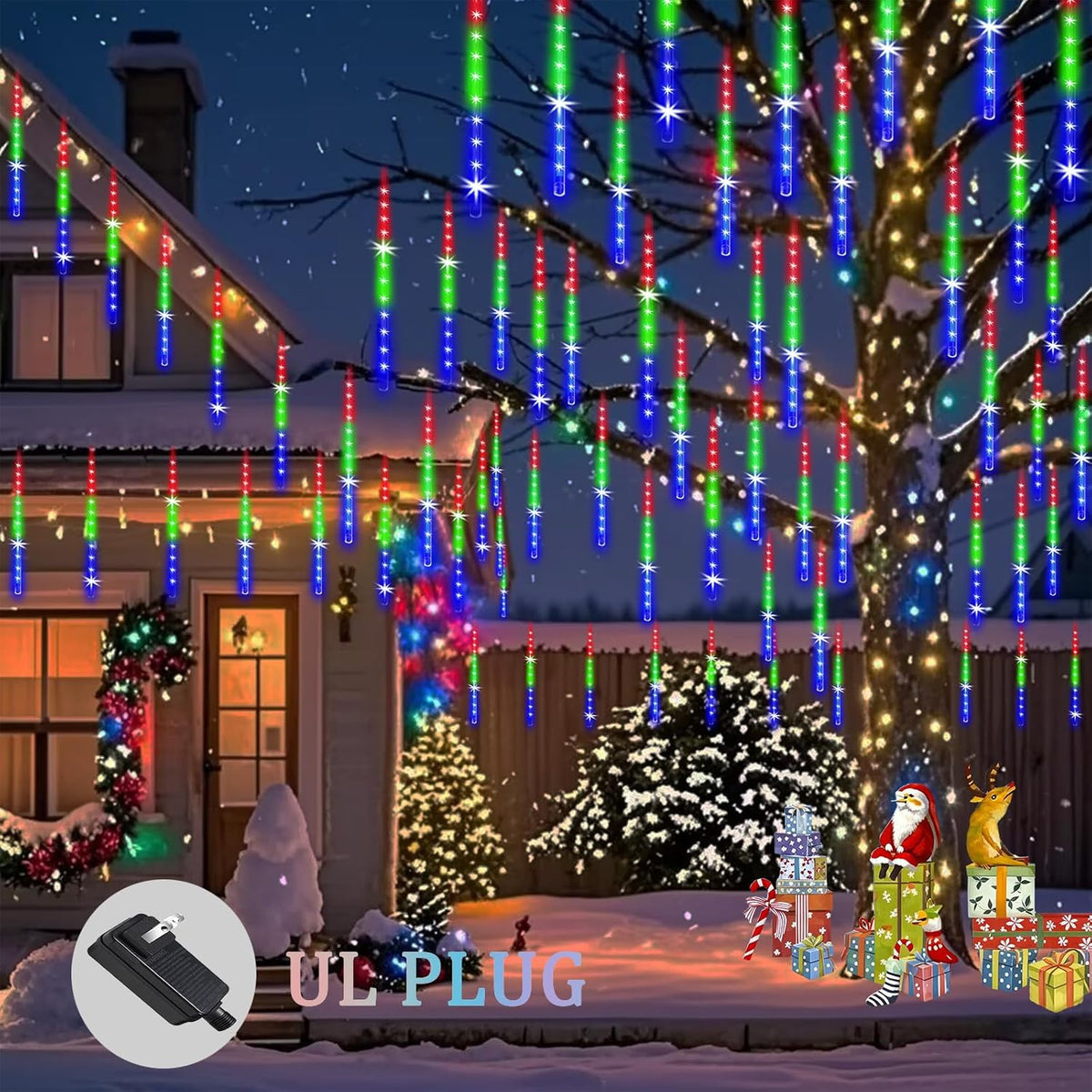 Meteor Shower Lights Outdoor Christmas Lights 24-Tube 576LEDs Snow Falling Rain Cascading Icicle Light for Christmas Tree Decorations Wedding Party Holiday Garden Decor, UL Plug Multi Color