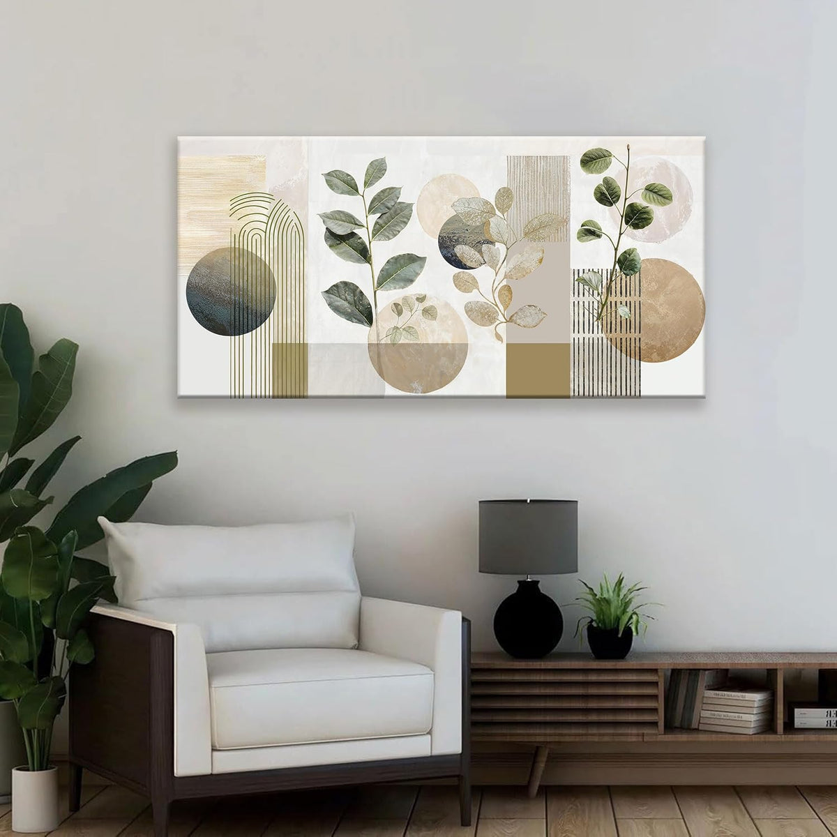 Boho Green Wall Art Mid Century Canvas Wall Art Decor Set Bohemian Abstract Wall Decor Modern Geometric Wall Painting Neutral Botanical Art Print Picture Living Room Bedroom Office Artwork 24"X 48"
