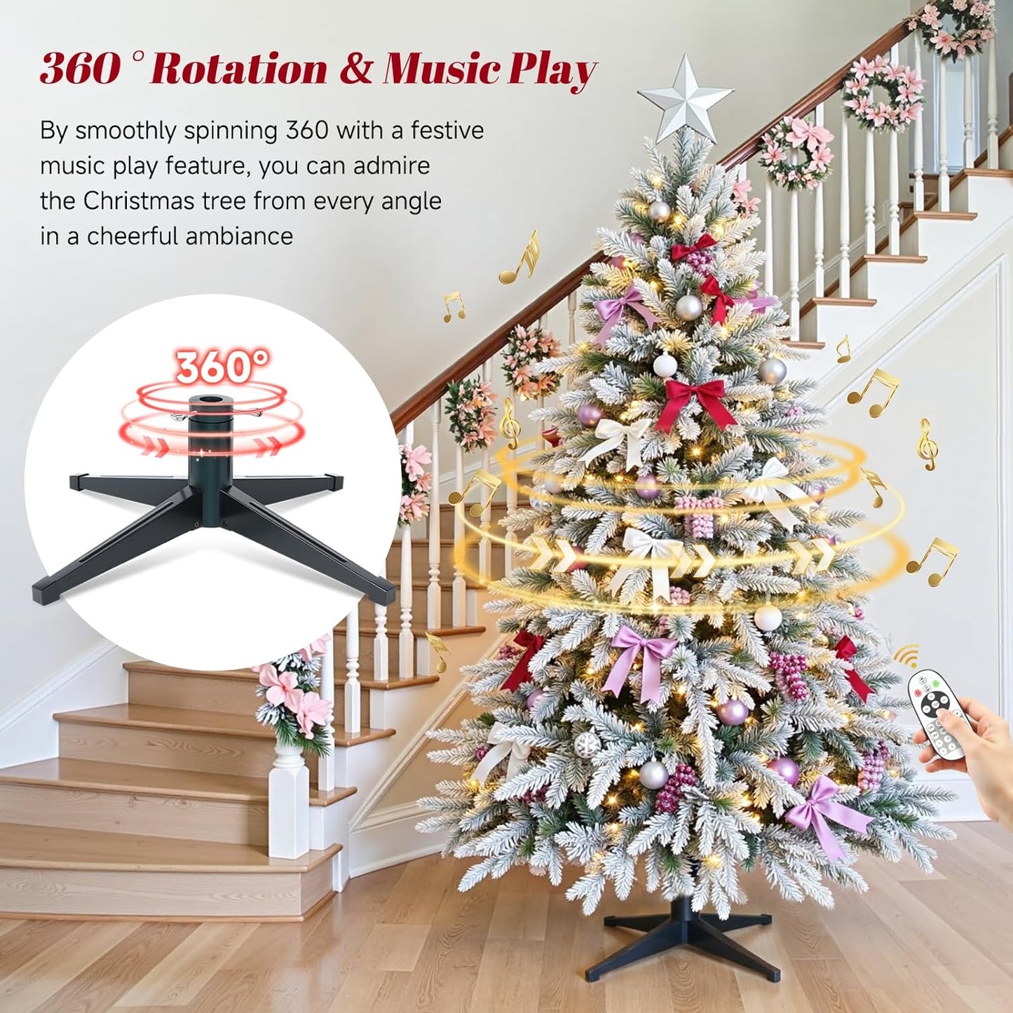 7.5FT Snow Flocked Pre-Lit Christmas Tree with 360° Rotating Base, 1470 PE/PVC Tips, 470 LED Lights, 8 Modes, Dimmable and Timer Functions, Musical Artificial Xmas Tree for Holiday Decor
