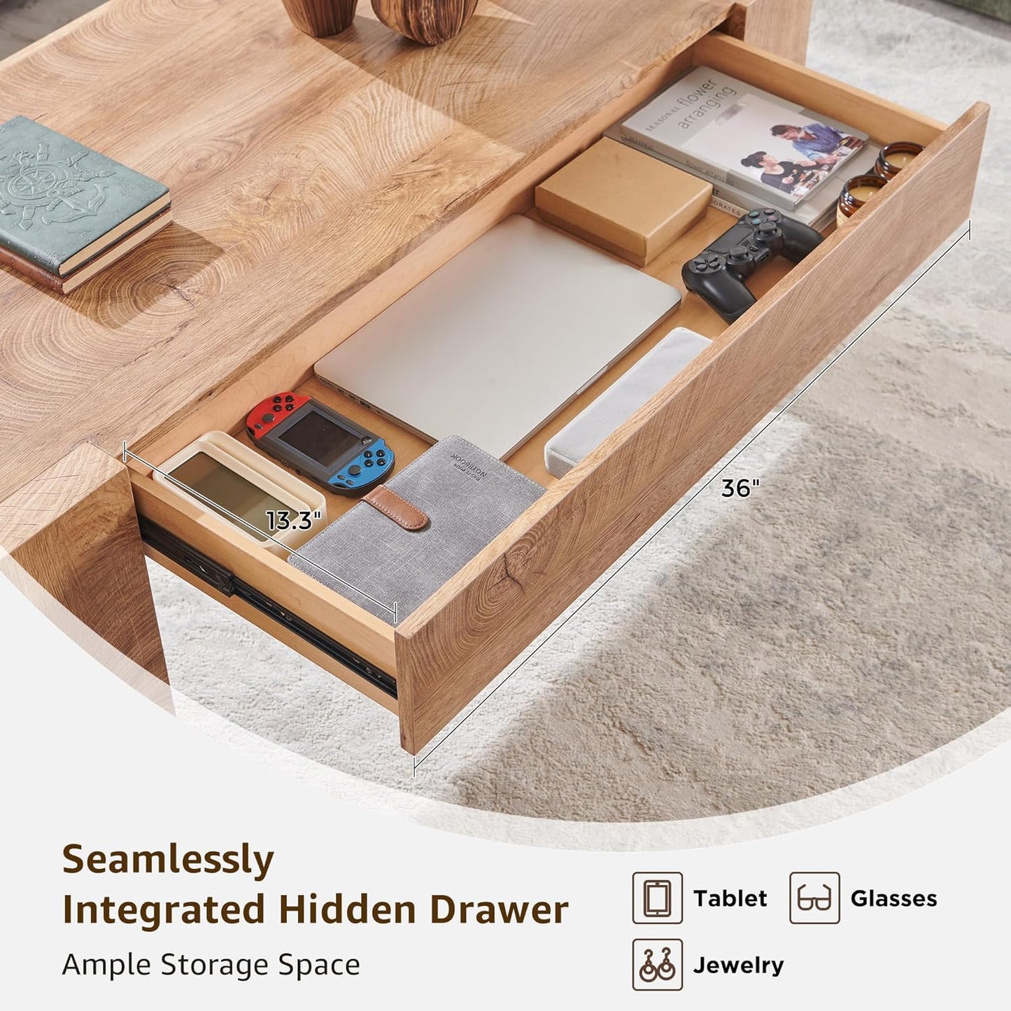OKD 48" Modern Farmhouse Coffee Table, Wooden Living Room Table with Hidden Storage Drawer, Rustic Rectangular Center Tables w/Wood Thick Design for Living Room, Office, Light Knotty Wood
