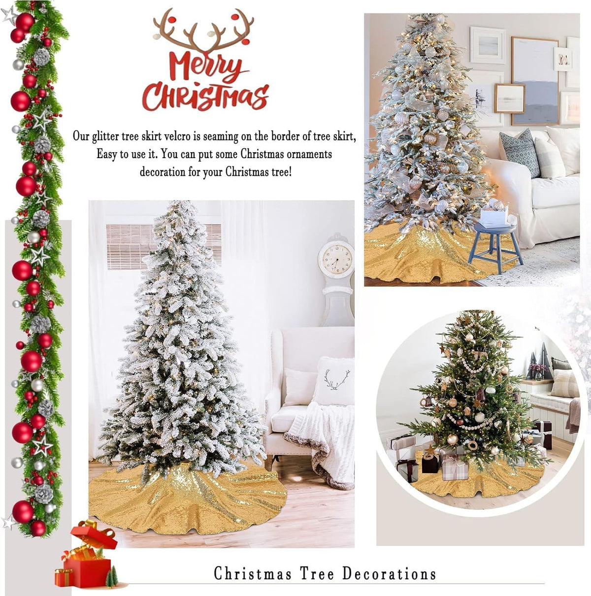 Tree Skirt 48 Inch Gold Christmas Tree Skirt Sequin Tree Skirt for 6ft Tree Glitter Gold Christmas Decorations