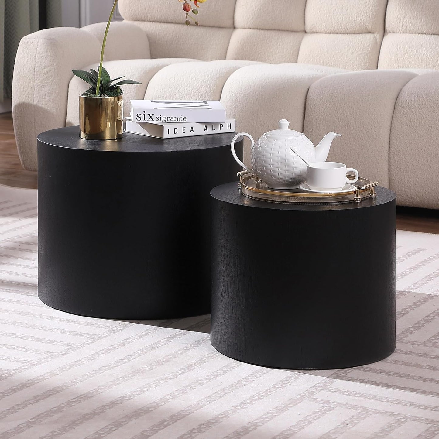 18.9”Round Nesting Coffee Table Set of 2,Wooden Circle Coffee and End Tables,Durable Accent Furniture,Modern Space-Saving Design for Small Living Rooms,Offices,No Assembling Needed,Black