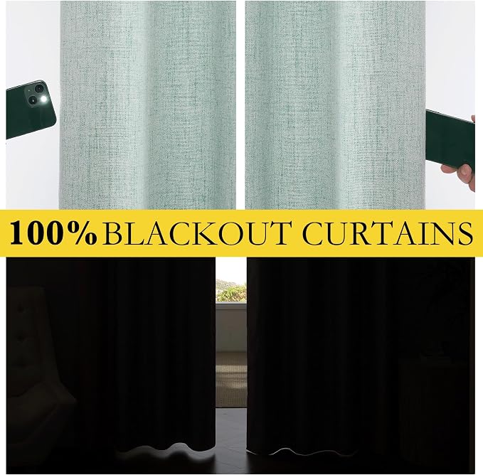 NICETOWN Seafoam Green Blackout Linen Curtains 95" Long, Rod Pocket Back Tab - Image 7