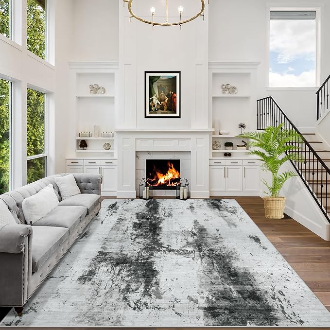 8x10 Area Rugs for Living Room: Washable Abstract Black White Grey Carpet | by GENTDRIZZ