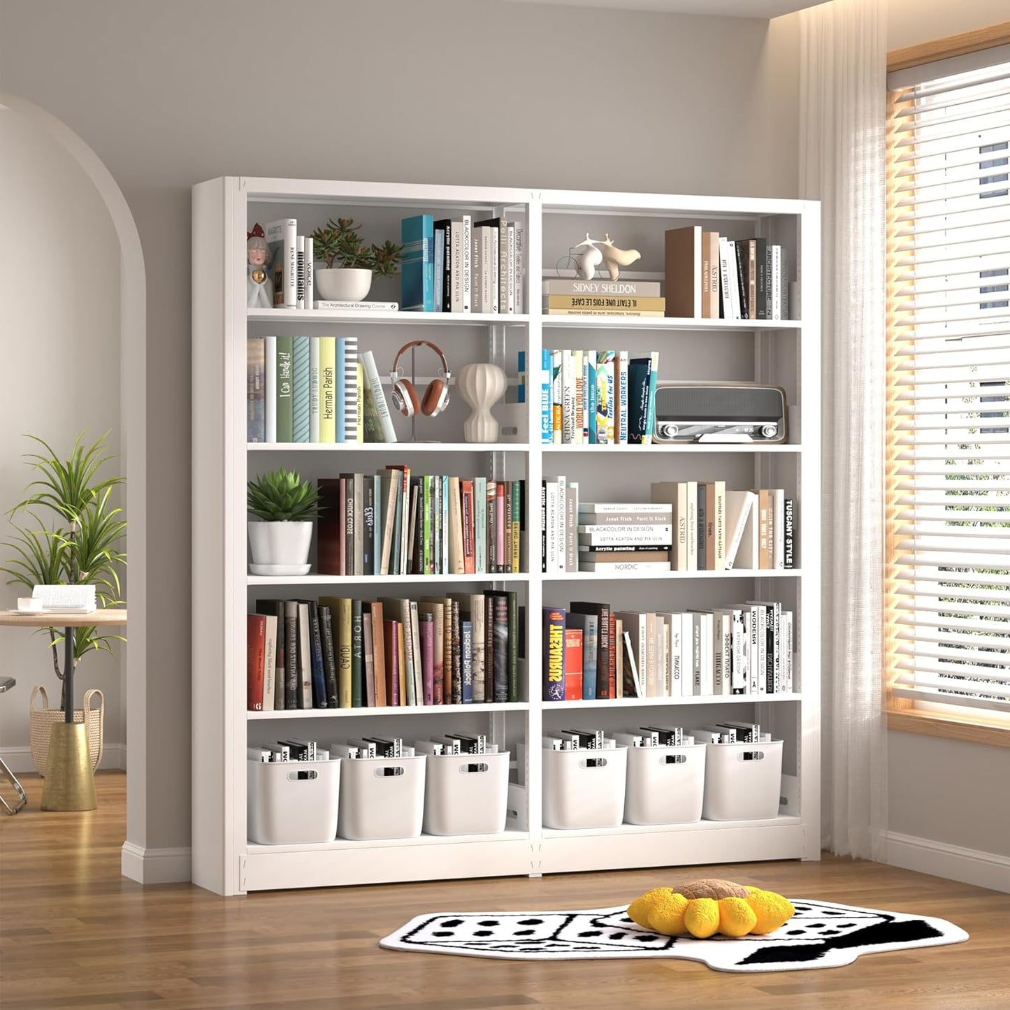 5-Tier Industrial Book Shelf, White Bookcases and Bookshelves,Tall Metal Bookcase Storage Organizer,Freestanding Bookshelf for Living Room,Home Office (White, Shelf-2)
