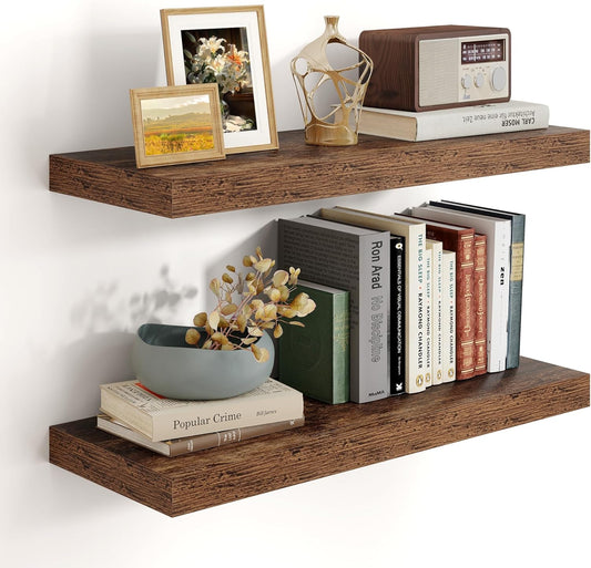 Heimlove 24 inch Floating Shelves for Wall,9.3 inch deep Brown Bathroom Over Toilet Shelf,Wall Mounted Rustic Wood Shelves for,Bedroom,Living Room,Kitchen,Office Decor Set of 2-Brown
