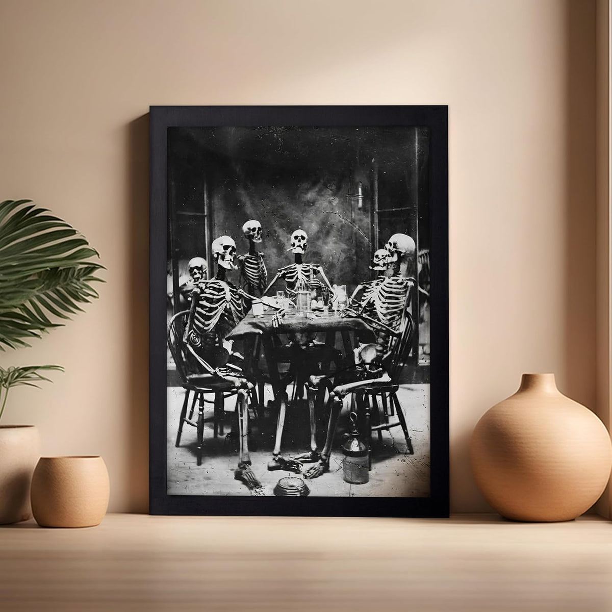 Poster Master Vintage Photograph Poster - Retro Daguerreotype Print - Gift for Artist, Friend - Skeletons Smoking at Table, Dinner Party, Goth - Wall Decor for Home, Dorm, 16x20 Black Framed