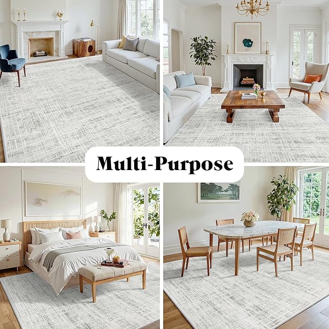 10x12 Washable Area Rug for Living Room Bedroom: Non-Slip Modern White Gray | - Image 3