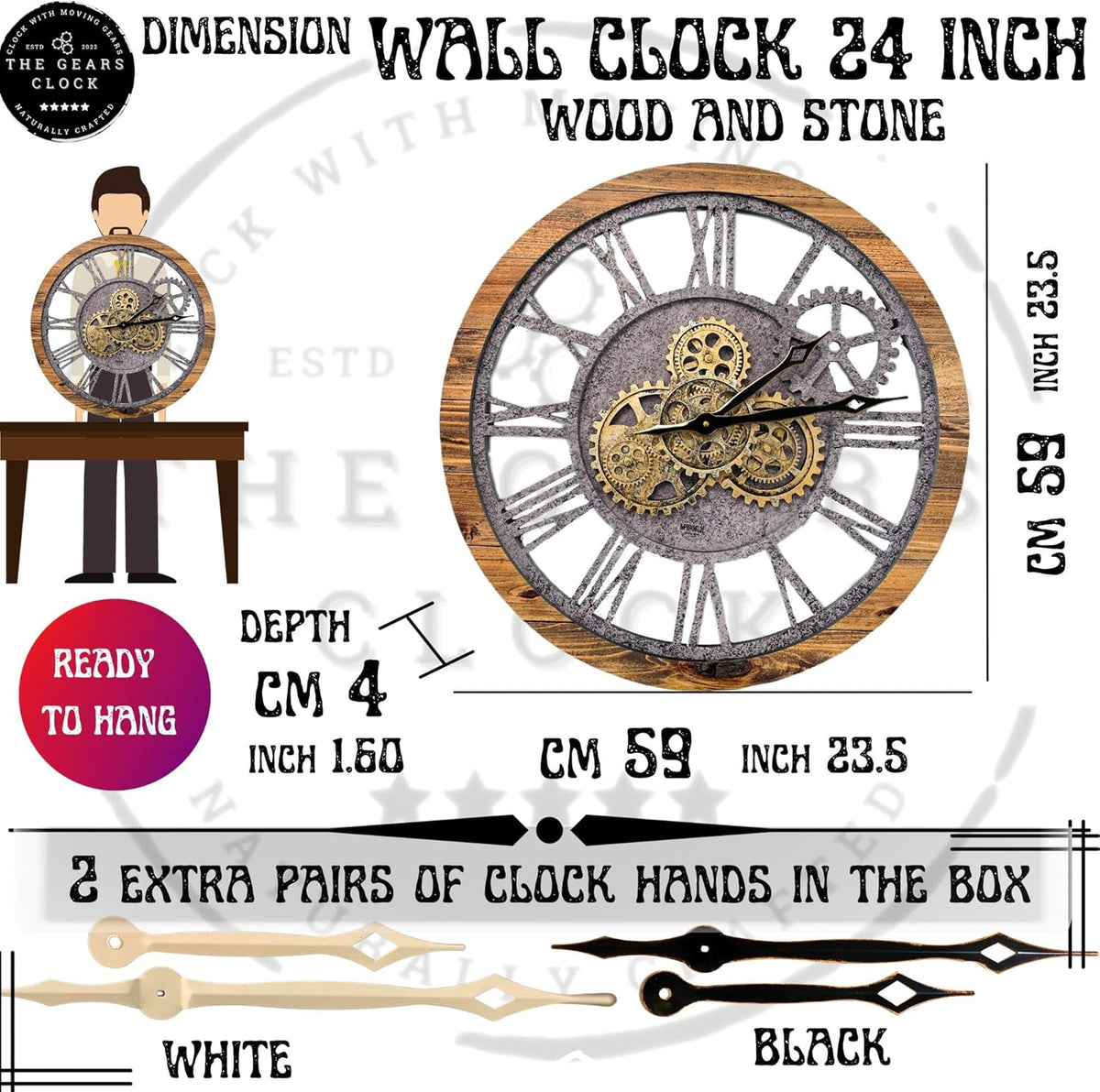 The Gears Clock The Original Real Moving Gear Wall Clock Vintage Industrial Oversized Rustic Farmhouse (24 inch (60cm),Wood&Stone)