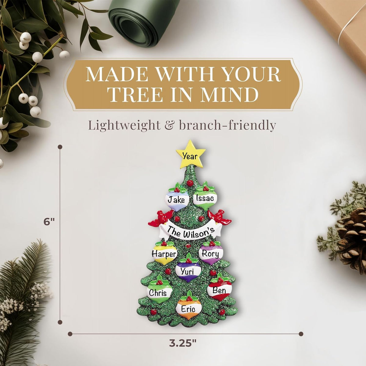 Personalized Large Family of 8 Ornament 2025 | Free 24h Customization | Christmas Ornaments for Tree | Custom Gift Wrapped Green Glitter Keepsake for Eight Persons