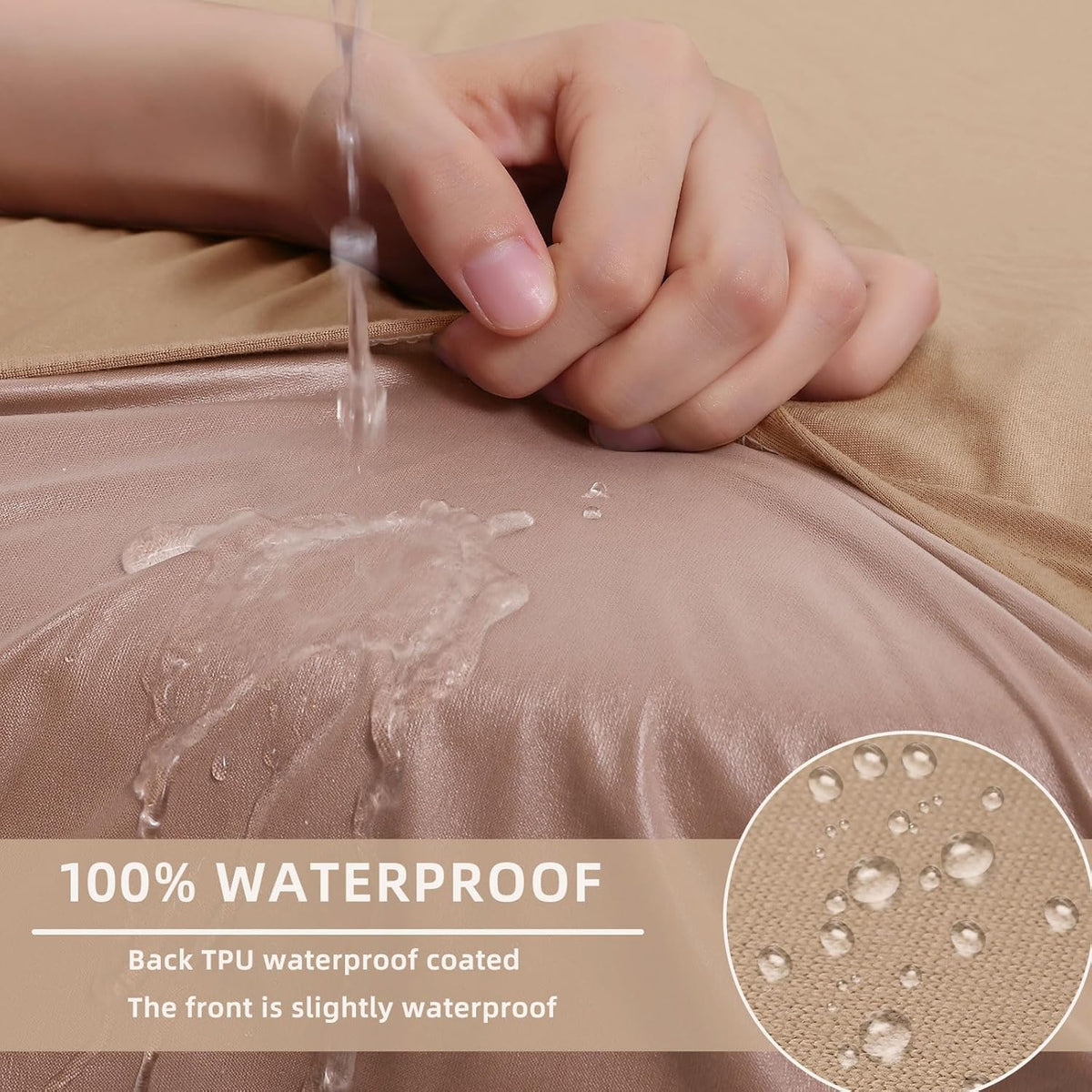 hyha Waterproof Couch Cushion Covers, Stretch Sofa Couch Seat Slipcover for Dog Washable, Non-Slip Waterproof Outdoor Cushion Covers for Patio Furniture Replacement (3 Pieces, Camel)