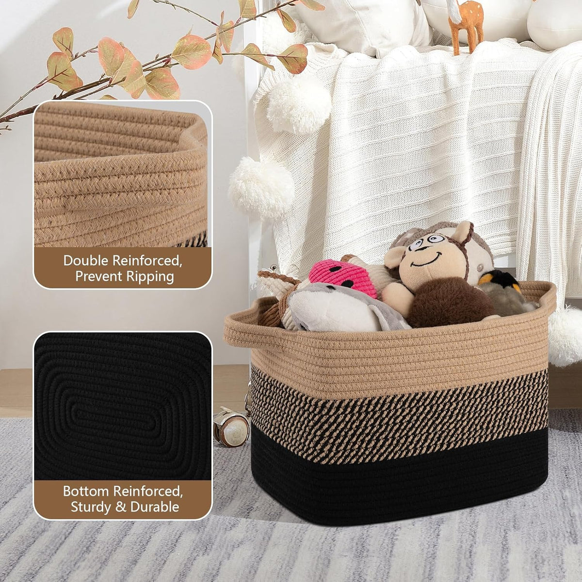 Storage Basket for Organizing, Woven Baskets for Storage, Rectangle Decorative Baskets for Shleves, Closet, Toys, Books, Nursery Organizer Bins - Pack of 3 (Black & Brown)