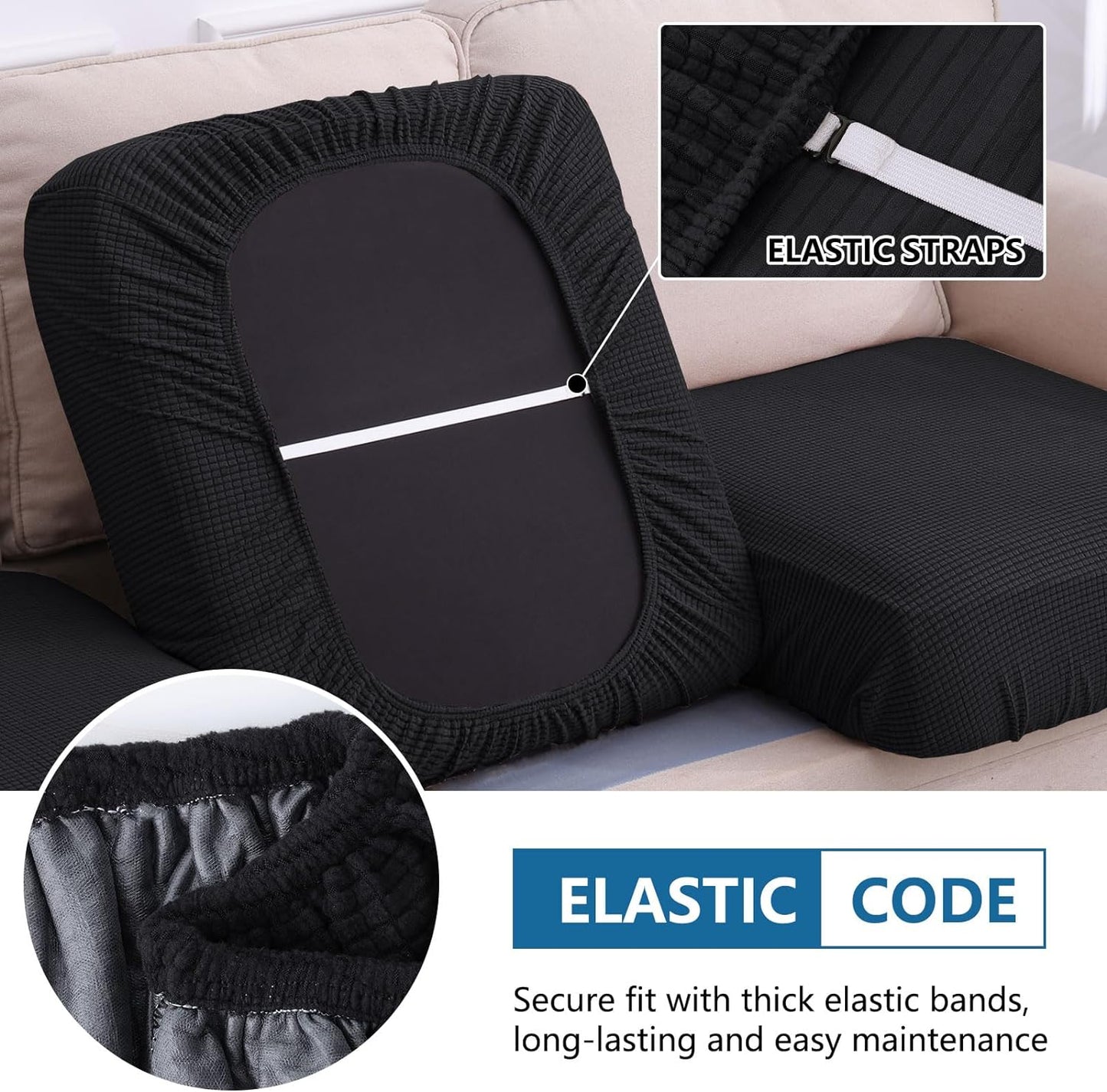 hyha Waterproof Couch Cushion Covers for Pets, Non Slip Sofa Seat Cover for Dogs Washable, Soft Thick Stretch Jacquard Fabric, Sofa Slipcovers with Elastic Bottom (1 Piece for Large, Black)