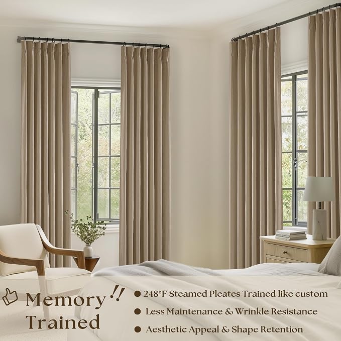 Light Brown Pleated Linen Blackout Curtains 102 Inches Long - Image 2