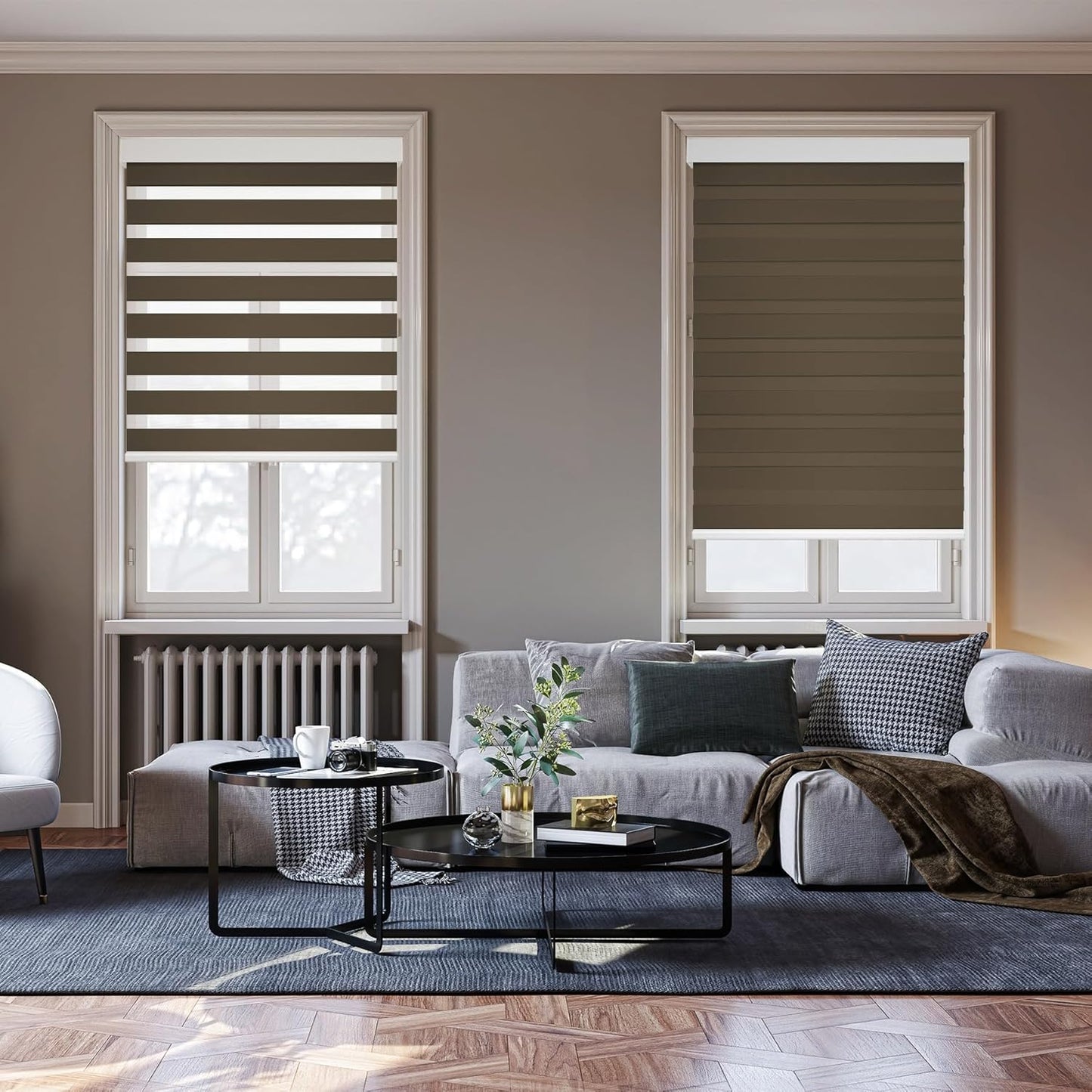 HESTIA Cordless Zebra Blinds Light Filtering Roller Shades UV Blocking Blackout Privacy Indoor Window Shades for Home Office Day and Night, Brown,38" W x 48" H