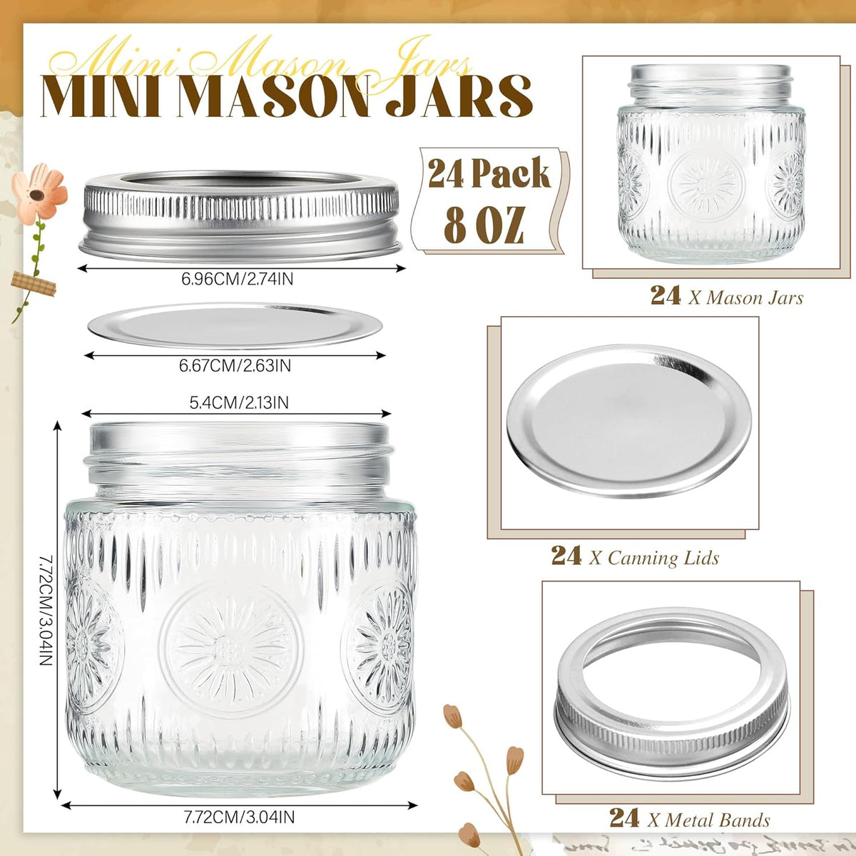 Mason Jars 8 oz - Vintage Small Glass Mason Jars with Silver Metal Lids, Regular Mouth Canning Jars, Safe For Storage, Canning, Pickling, Preserving, Fermenting, DIY Crafts & Decor (24Pack)