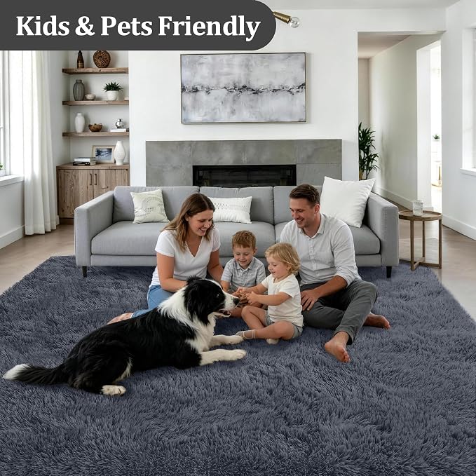 Area Rug Living Room Bedroom: 5x7 Fluffy Plush Shag Carpet Grey | - Image 4