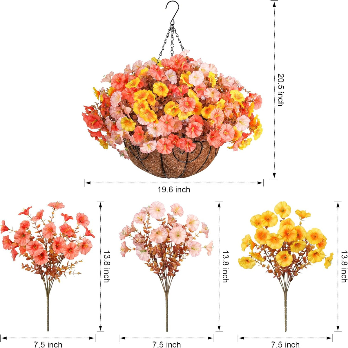 Artificial Fall Flowers Fake Hanging Plants Flowers Basket for Outdoors Autumn Decoration, Silk Morning Glory with Eucalyptus Look Real UV Resistant Faux Flowers for Outside Porch Patio Balcony, Mix
